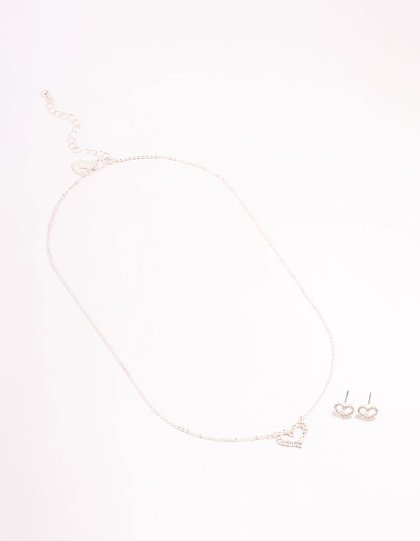 Open Diamante Heart Silver Necklace & Stud Earrings Set