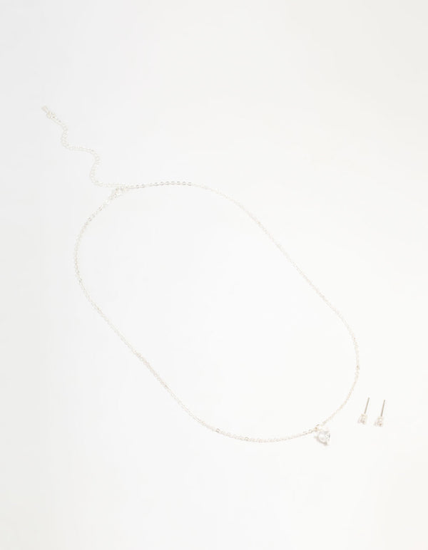 Silver Plated Cubic Zirconia Heart Necklace & Stud Earrings Set