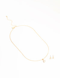 Gold Cubic Zirconia Solitaire Necklace & Stud Earrings Set - link has visual effect only
