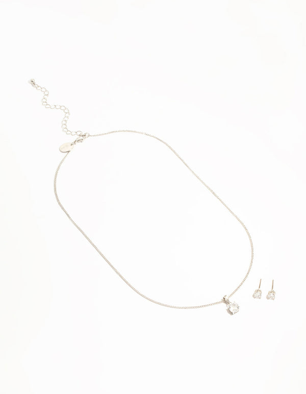 Silver Cubic Zirconia Solitaire Necklace & Stud Earrings Set