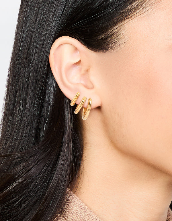 Waterproof Gold Plated Stainless Steel Basic Graduating Hoop Earrings 3-Pack