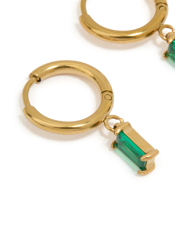 Waterproof Gold Plated Stainless Steel Green Baguette Huggie Earrings