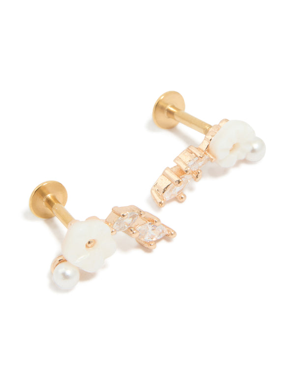 Gold Plated Surgical Flower Crawler Flat Back Studs