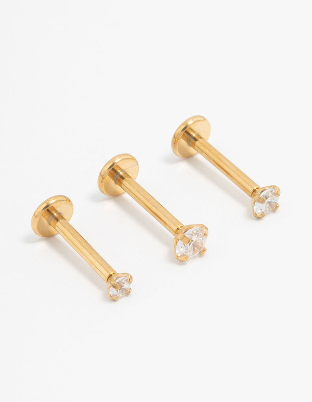 Gold Plated Surgical Steel Classic Cubic Zirconia Threadless Flat Back Studs 3-Pack
