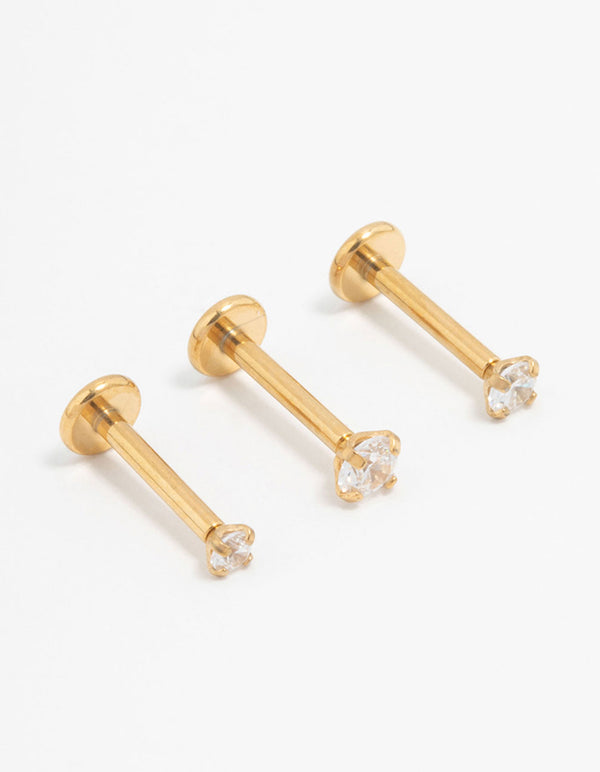Gold Plated Surgical Steel Classic Cubic Zirconia Threadless Flat Back Studs 3-Pack