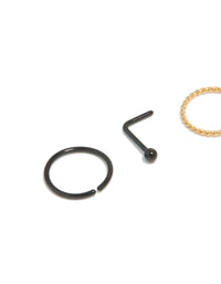 Mixed Metal Plated Surgical Steel Diamante Twist Nose Rings & Studs 4-Pack - link has visual effect only