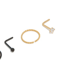 Mixed Metal Plated Surgical Steel Diamante Twist Nose Rings & Studs 4-Pack - link has visual effect only