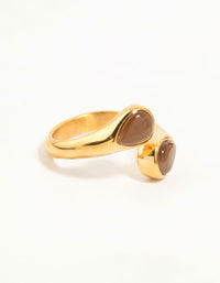 Showcasing a waterproof gold plated stainless steel double pear stone ring front view - link has visual effect only