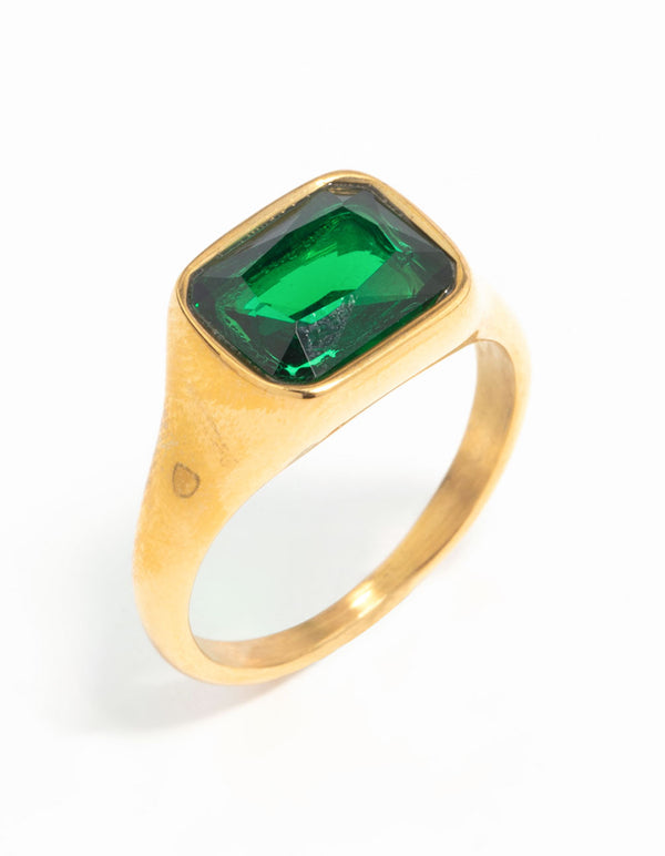 Waterproof Gold Plated Stainless Steel Opulent Green Cubic Zirconia Signet Ring