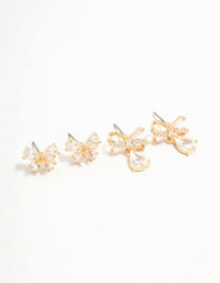 Gold Cubic Zirconia Bow Stud Earrings 2-Pack - link has visual effect only