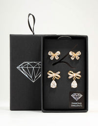 Gold Cubic Zirconia Bow Stud Earrings 2-Pack - link has visual effect only