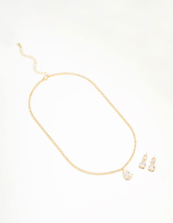 Gold Plated Cubic Zirconia Tennis Necklace & Earrings Set