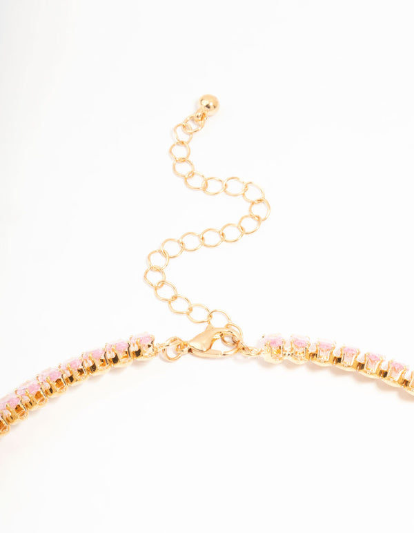 Pink Cubic Zirconia Navette Choker Gold Necklace