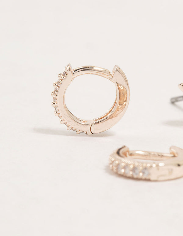 Rose Gold Cubic Zirconia Bow Stud & Hoop 3-Pack Earrings