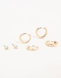 Gold Cubic Zirconia Cluster Hoop & Classic Stud Earrings 3-Pack - link has visual effect only