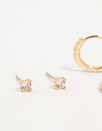 Gold Cubic Zirconia Cluster Hoop & Classic Stud Earrings 3-Pack - link has visual effect only