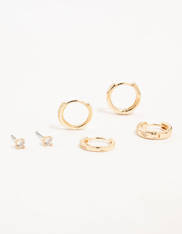 Gold Cubic Zirconia Cluster Hoop & Classic Stud Earrings 3-Pack