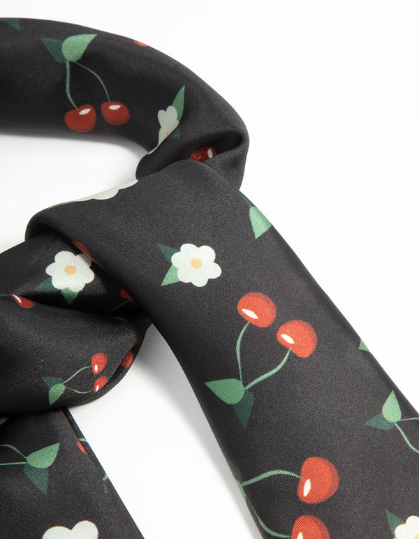 Red & Black Fabric Floral Cherry Scarf