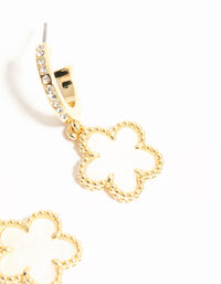 Stunning gold plated flower drop diamante hoop earrings in white post detail view - link has visual effect only
