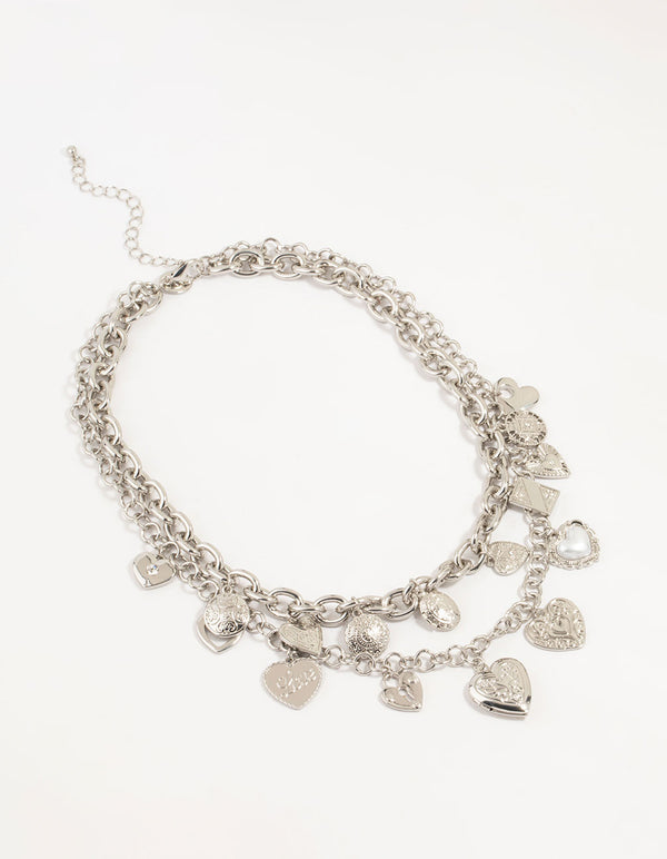 Silver Layered Heart Charm Necklace