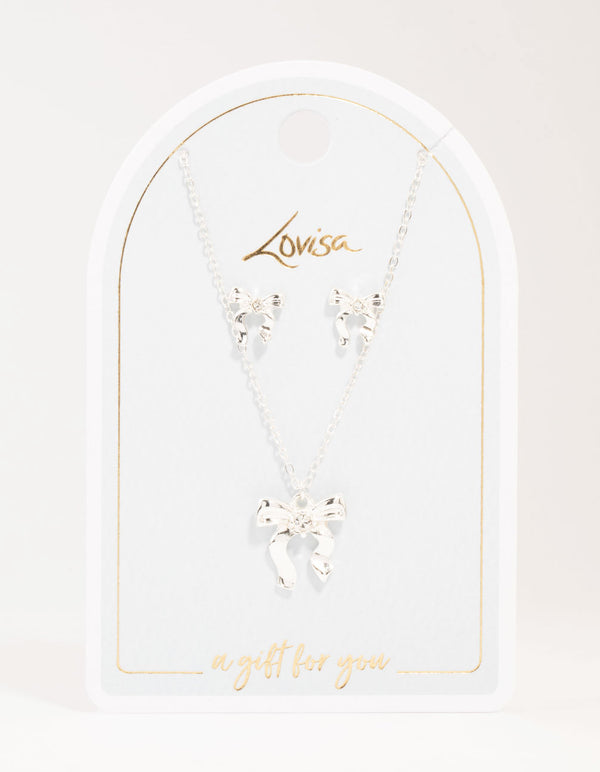 Silver Bow Necklace and Earrings Set