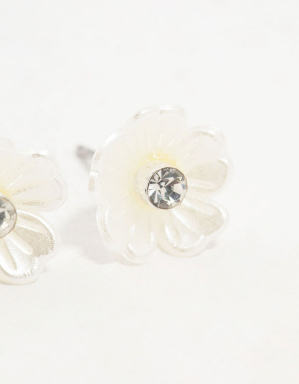 Silver White Flower Diamante Stud Earrings