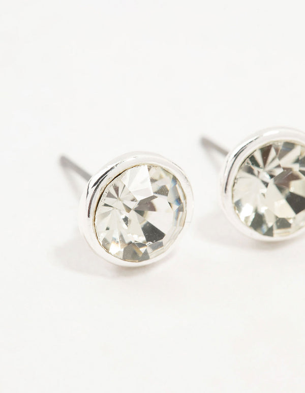 Silver Diamante With Frame Stud Earrings