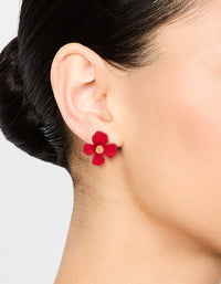Gold Red Pearlised Flower Stud Earrings - link has visual effect only