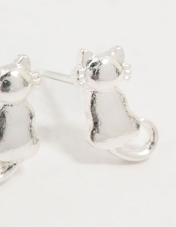 Silver Cat Stud Earrings