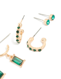 Gold Green Diamante Earrings 3-Pack - link has visual effect only