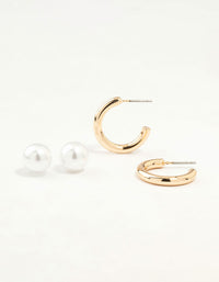 Gold Pearl Stud & Hoop Earrings 2-Pack - link has visual effect only
