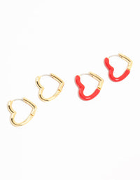 Gold Plated Enamel & Sleek Heart Hoop Earrings 2-Pack - link has visual effect only
