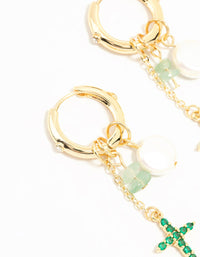 Gold Plated Green, Pearl & Cross Huggie Earrings - link has visual effect only