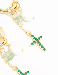 Gold Plated Green, Pearl & Cross Huggie Earrings - link has visual effect only