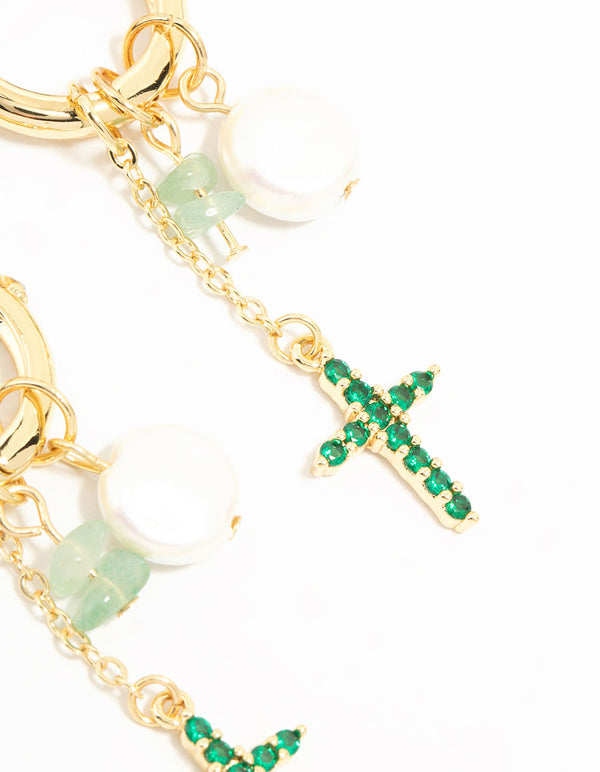 Gold Plated Green, Pearl & Cross Huggie Earrings