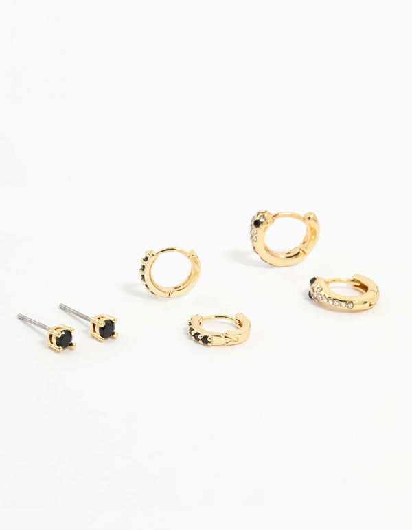 Gold Plated Black Cubic Zirconia Snake Huggie Earrings 3-Pack