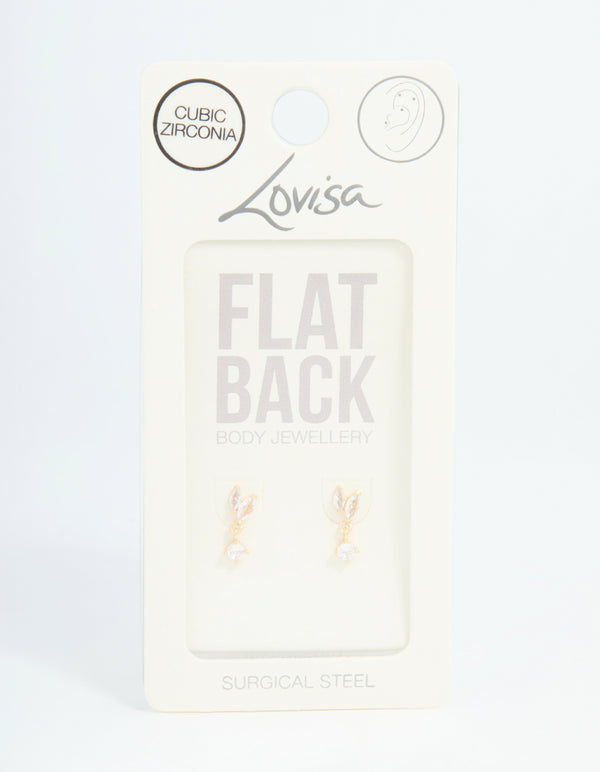 Gold Plated Surgical Steel Cubic Zirconia Flat Back Studs 2-Pack