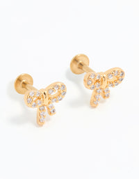 Gold Plated Surgical Steel Cubic Zirconia Pave Bow Flat Back Pair - link has visual effect only