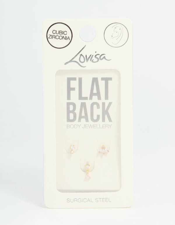 Gold Plated Surgical Steel Cubic Zirconia Triangular Flat Back Studs Pack