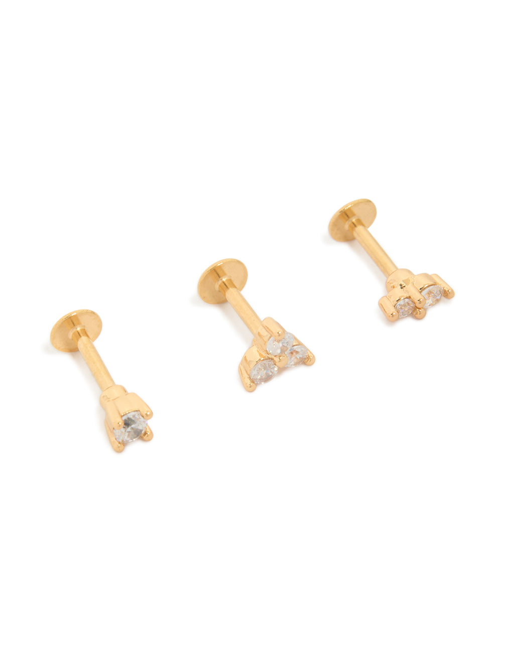 Gold Plated Surgical Steel Cubic Zirconia Round Flat Back Studs 3-Pack