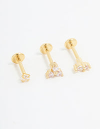 Gold Plated Surgical Steel Cubic Zirconia Round Flat Back Studs 3-Pack - link has visual effect only