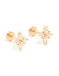 Crafted from surgical steel, these gold plated flat back stud earrings feature floral cluster cubic zirconia front view - link has visual effect only