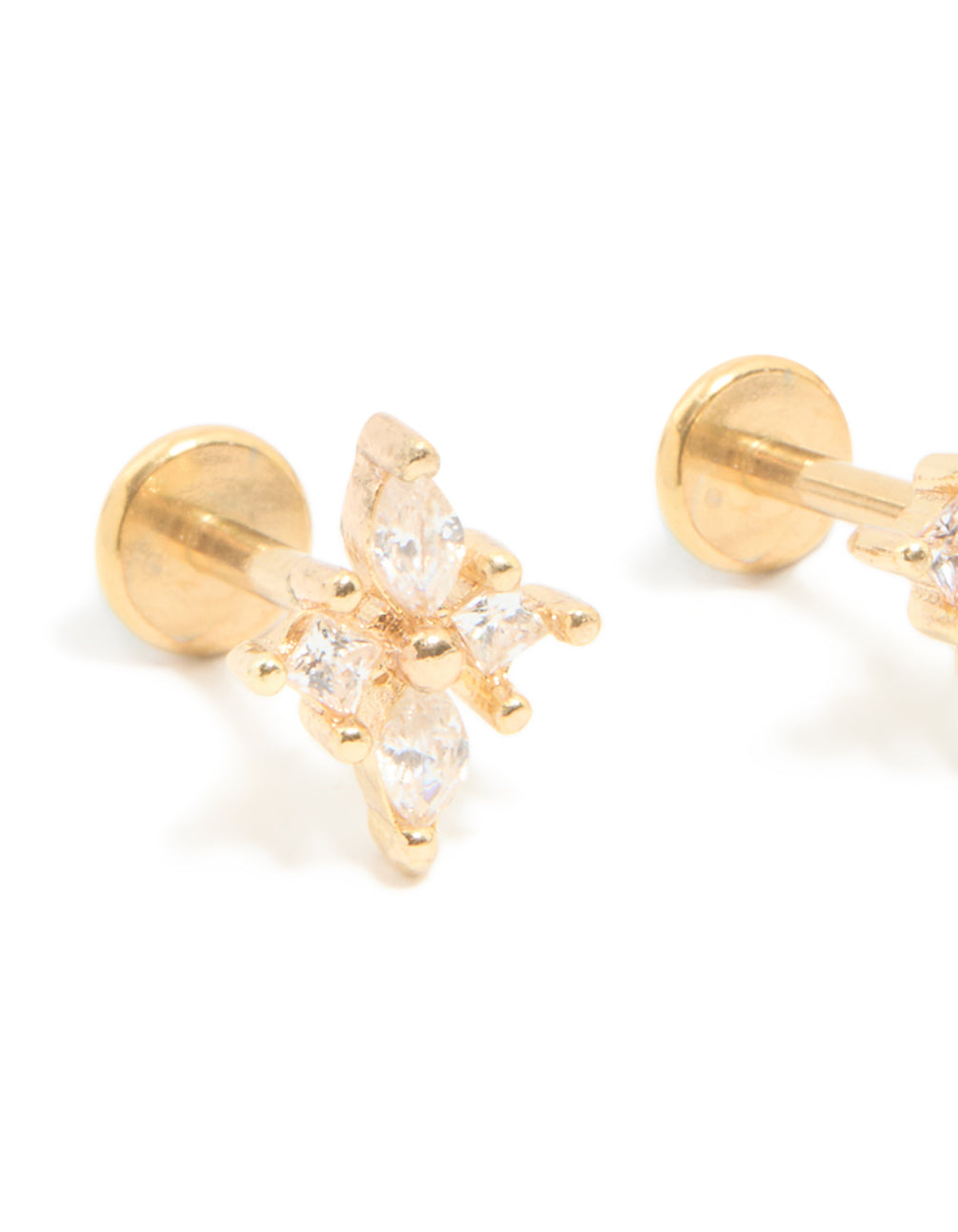 Designed with floral cluster cubic zirconia, these gold plated surgical steel flat back stud earrings close up view