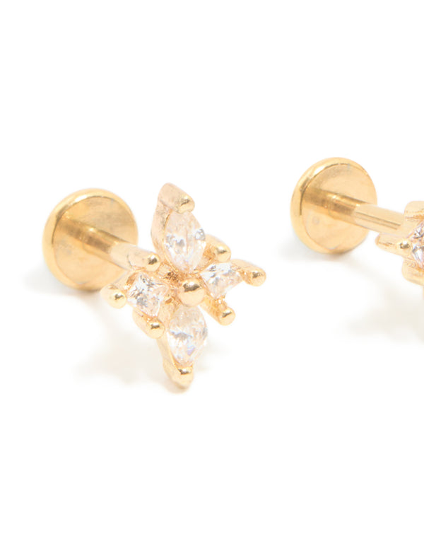 Designed with floral cluster cubic zirconia, these gold plated surgical steel flat back stud earrings close up view