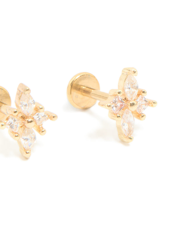 Showcasing floral cluster design, these gold plated surgical steel cubic zirconia flat back stud earrings post detail view