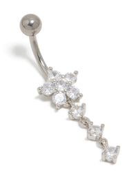 Showcasing a titanium belly bar with floral charm featuring round cut cubic zirconia in silver and clear front view - link has visual effect only