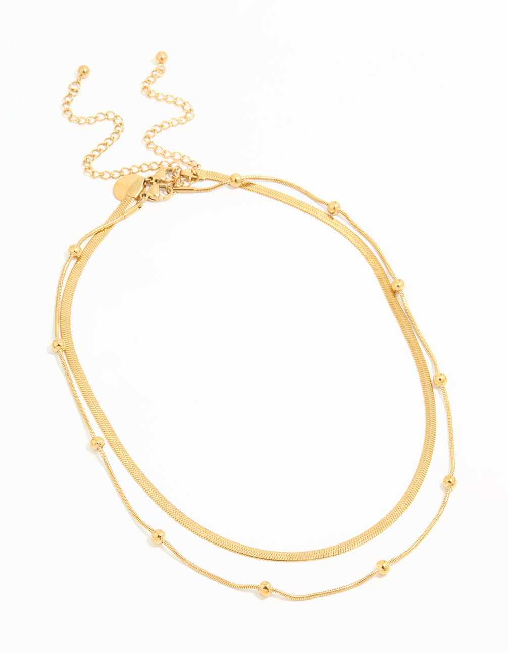 Featuring a waterproof gold plated stainless steel ball chain layered necklace front view