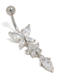 Showcasing a surgical steel cubic zirconia triple flower belly bar with butterfly dainty silver details front view - link has visual effect only