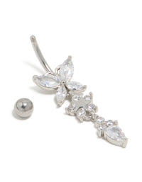 Designed with surgical steel and cubic zirconia, this dainty triple flower belly bar ring showcases and elegant butterfly details detail view - link has visual effect only