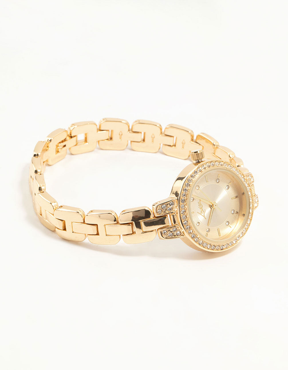 Showcasing a gold small diamante round strap watch featuring a gold dial with stones and link band for women's casual occasions in analog style front view